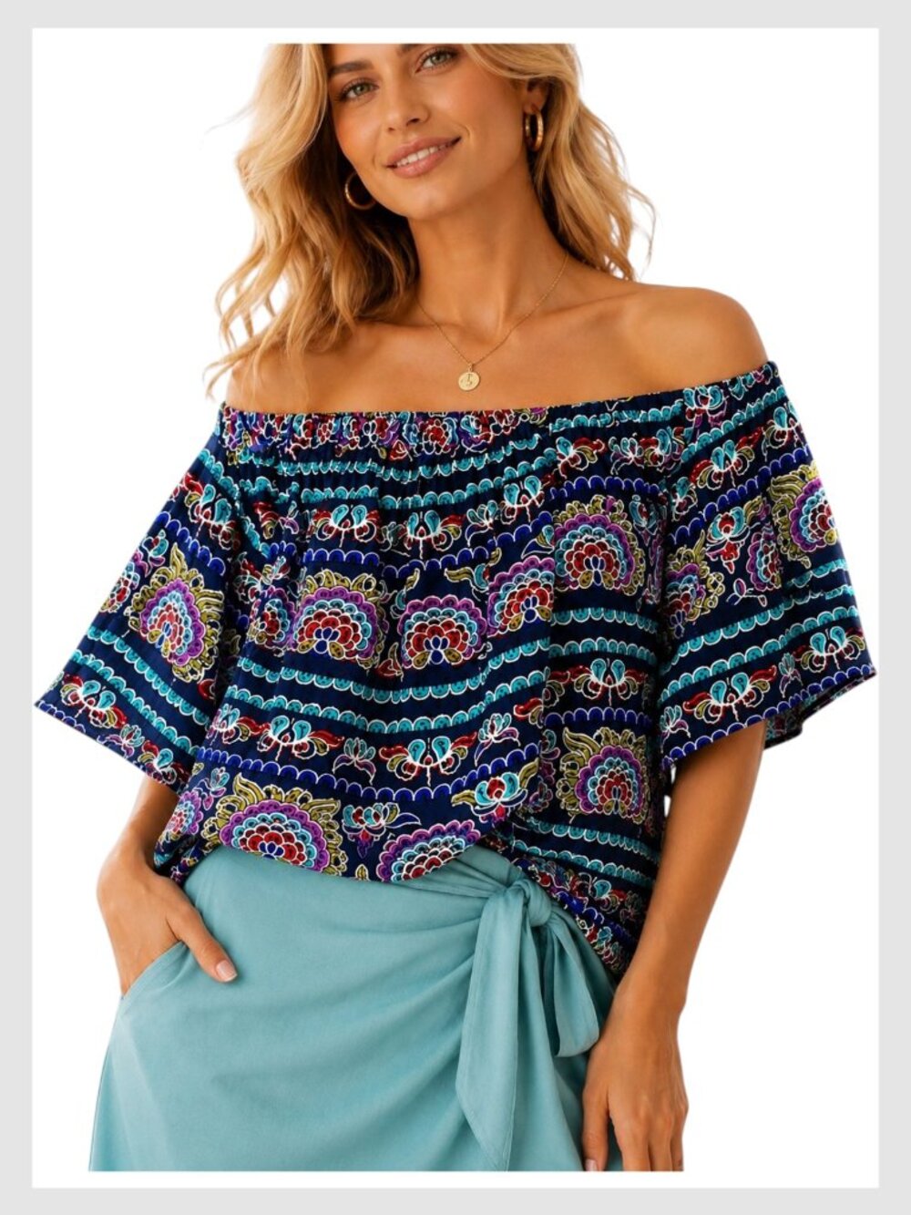 Aqua Romeo & Juliet Off Shoulder Embroidered Peasant Top Multi M - Picture 1 of 8
